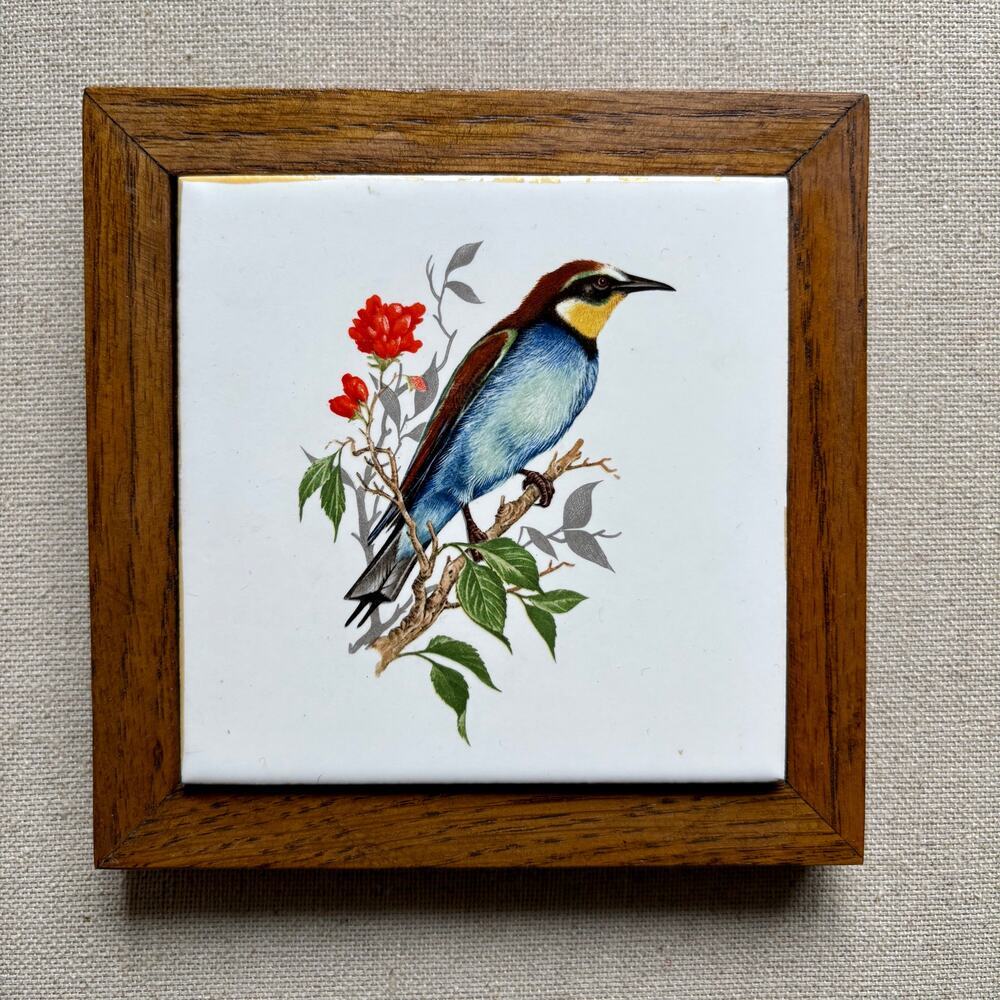 Vtg Ceramic Trivet Wall Hanging Tile Bird on Branch Wood Frame Square 5.5"